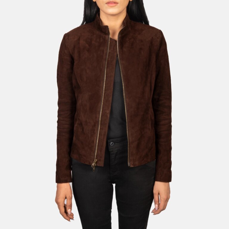 Womens Rumella Mocha Suede Biker Jacket Open Front-4-1720093549908